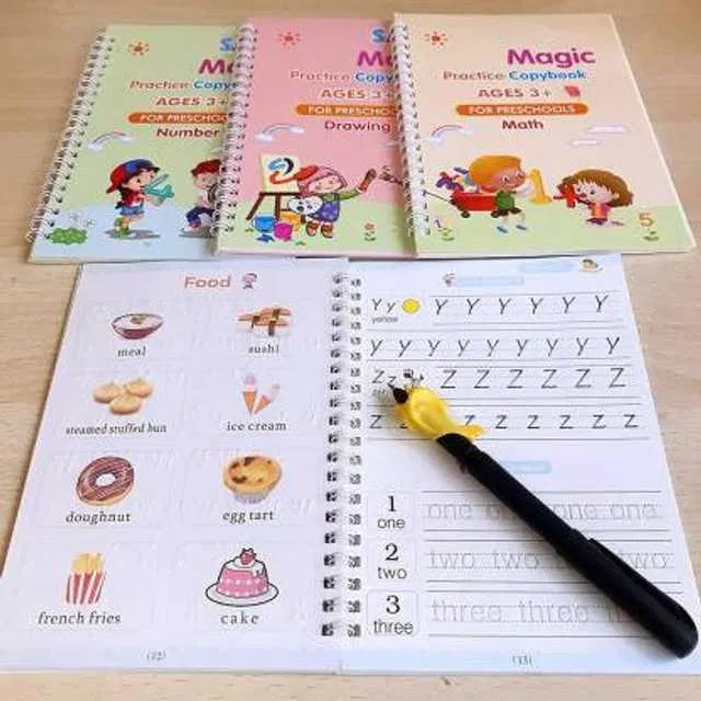 Sank Magic Practice Copybook Set for Kids - Reusable Handwriting Workbooks (4 Books + 1 Pen + 10 Refills + Grip)